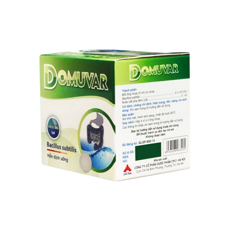 Hỗn dịch uống men vi sinh Domuvar điều trị rối loạn tiêu hóa (hộp 4 vỉ x 5 ống)