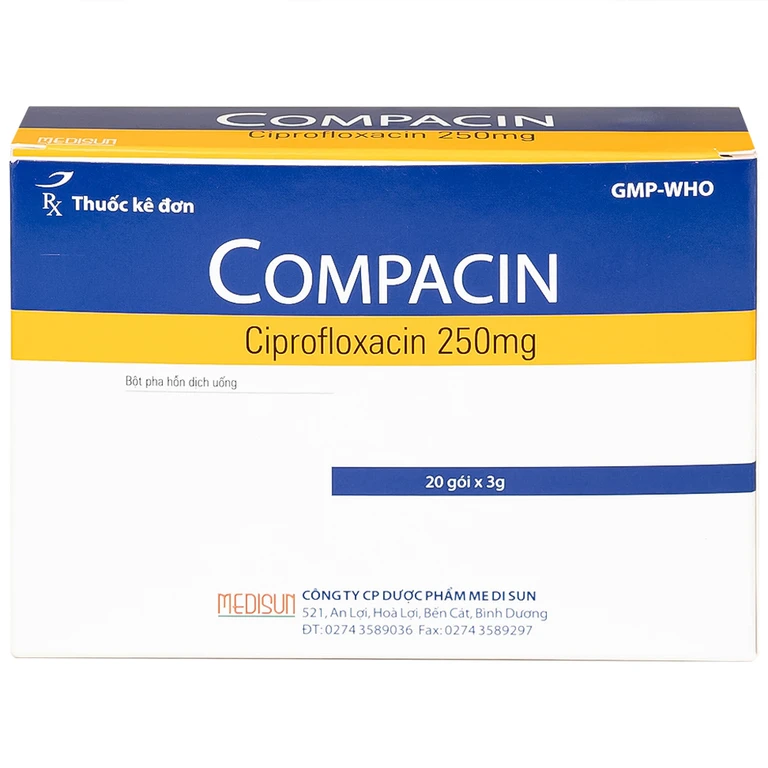 Bột pha hỗn dịch uống Compacin 250mg dùng cho các nhiễm khuẩn do các vi khuẩn nhạy cảm (hộp 20 gói x 3g)