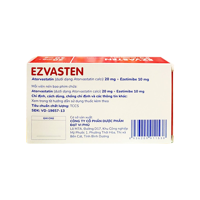 Viên nén Ezvasten 20/10mg trị tăng mỡ máu (hộp 4 vỉ x 7 viên)