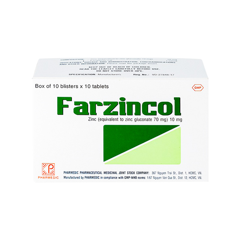 Thuốc Farzincol bổ sung và điều trị thiếu kẽm (hộp 10 vỉ x 10 viên)