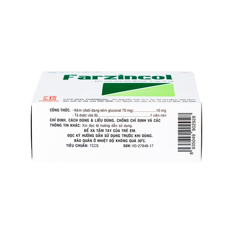 Thuốc Farzincol bổ sung và điều trị thiếu kẽm (hộp 10 vỉ x 10 viên)
