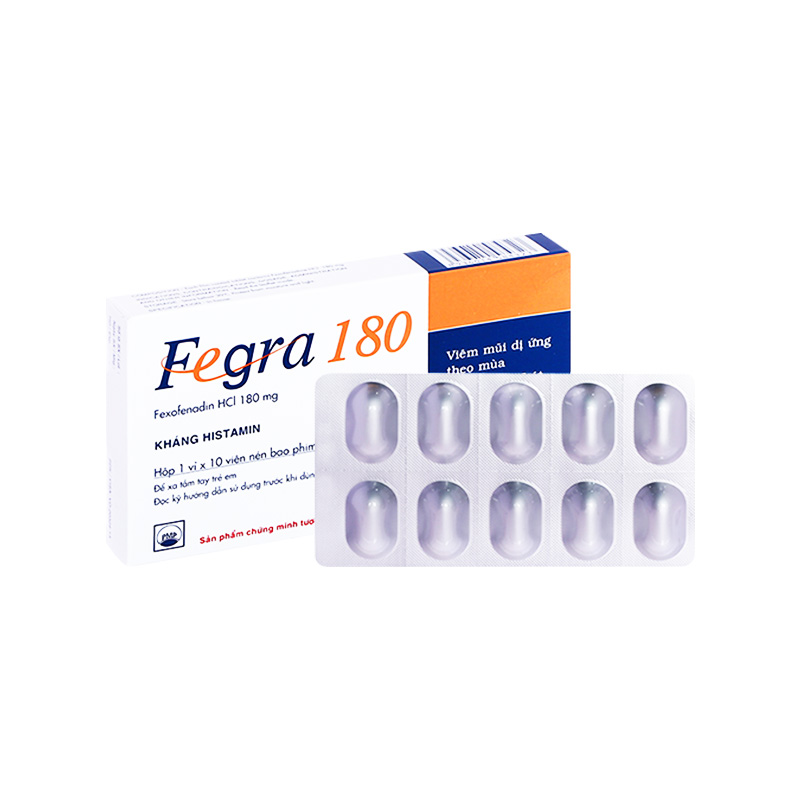 Thuốc Fegra 180mg điều trị viêm mũi dị ứng, mề đay (hộp 1 vỉ x 10 viên)