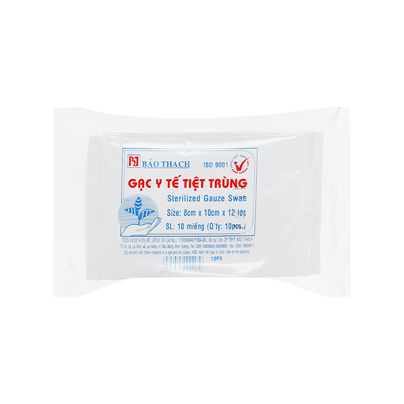 Gạc y tế tiệt trùng Bảo Thạch 8cm x 10cm x 12 lớp  (gói 10 miếng)