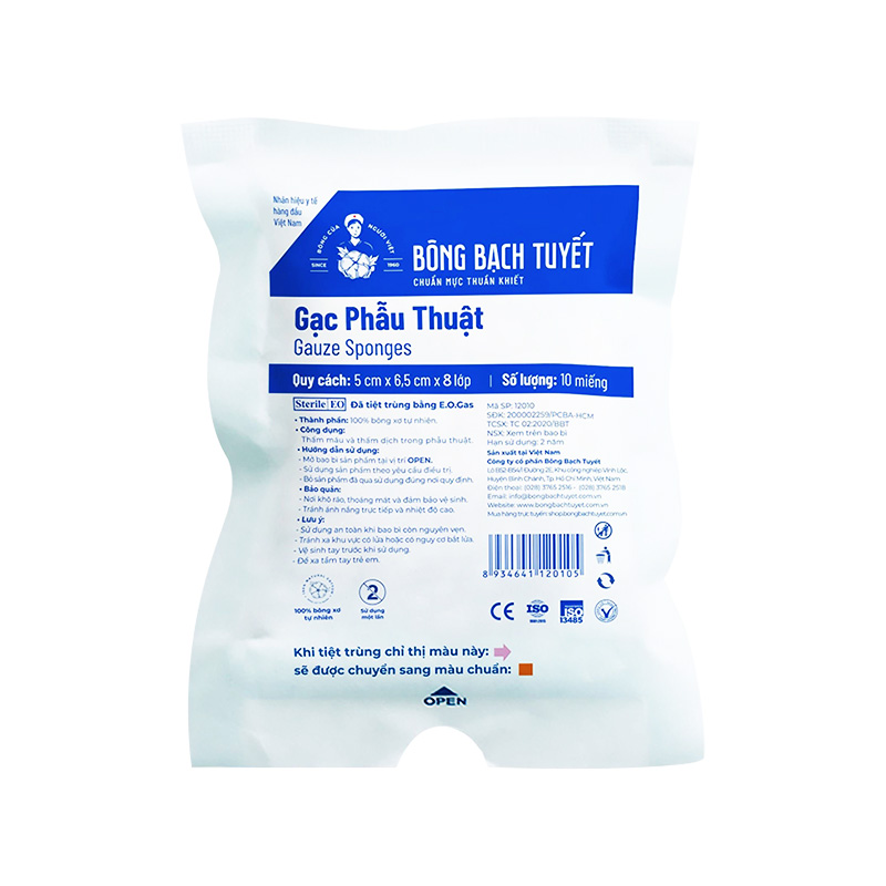Gạc phẫu thuật Bạch Tuyết 10cm x 10cm x 8 lớp (gói 10 miếng)