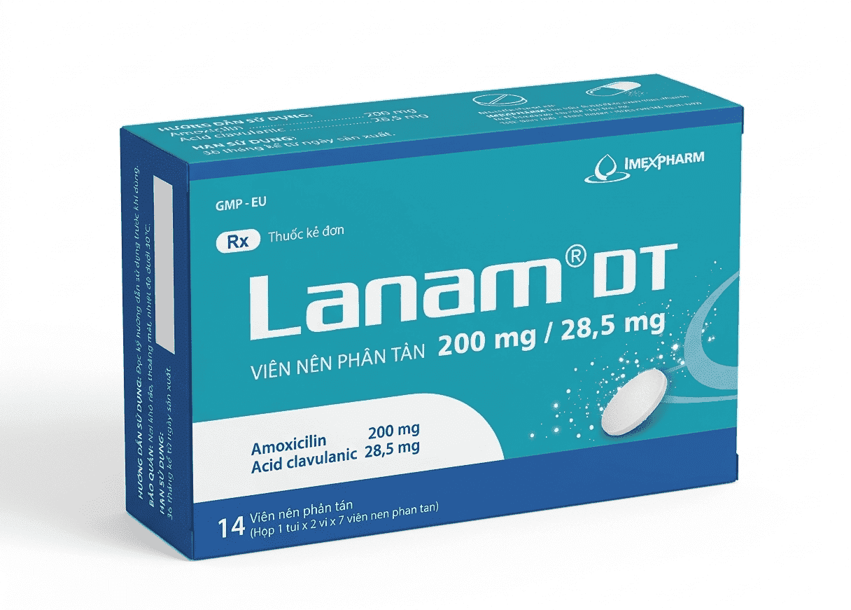 Viên nén Lanam DT 200mg/28,5mg điều trị nhiễm khuẩn (hộp 2 vỉ x 7 viên)
