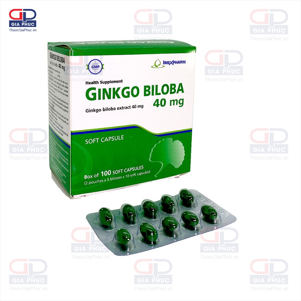 Ginkgo biloba 40mg Imexpharm tăng tuần hoàn máu não (hộp 100 viên)