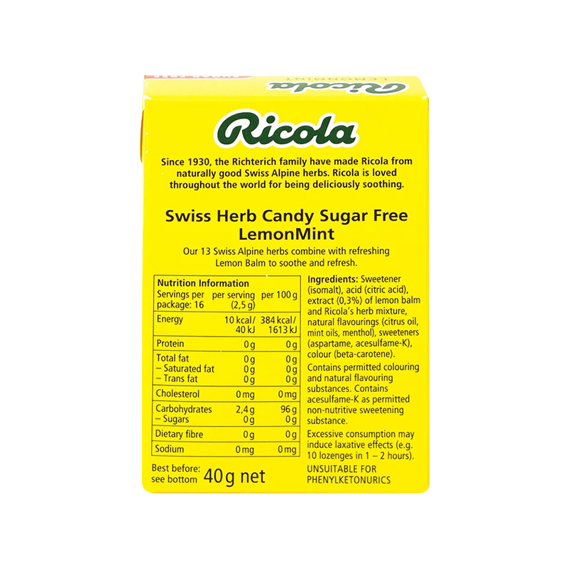 Kẹo ngậm thảo mộc Ricola không đường vị chanh bạc hà (hộp 40g)