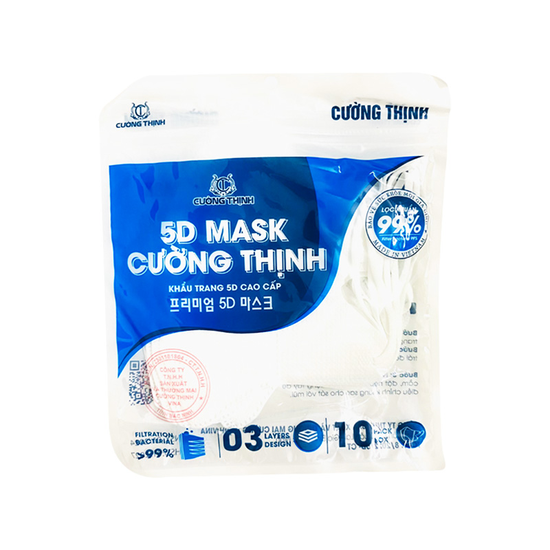 Khẩu trang 5D Mask Cường Thịnh lọc khuẩn, mùi và vi khuẩn (túi 10 cái)