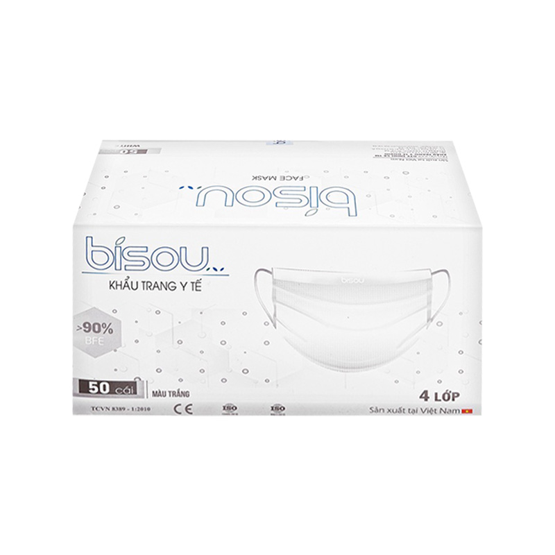 Khẩu trang Bisou 4 lớp màu trắng (hộp 50 cái)