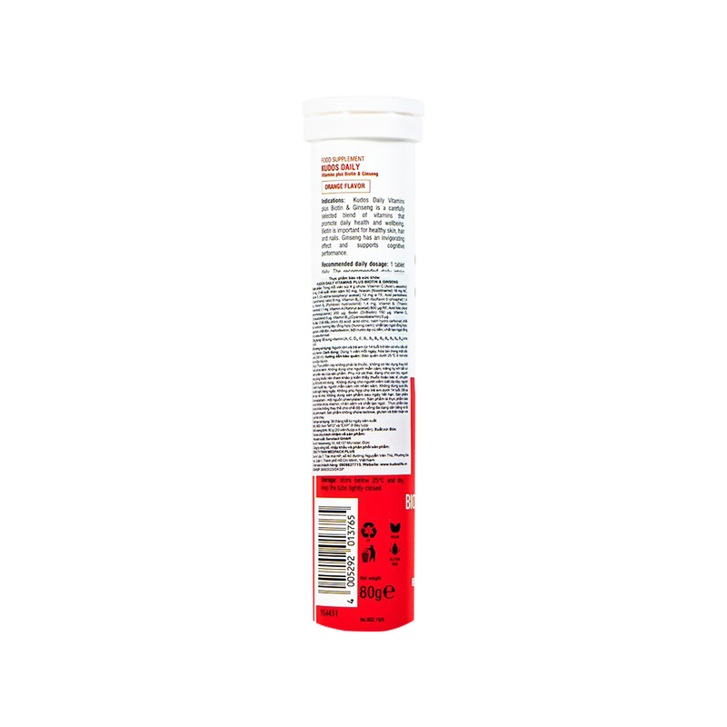 Viên sủi Kudos Daily Vitamins Plus Biotin & Ginseng bổ sung vitamin cho cơ thể (tuýp 20 viên)