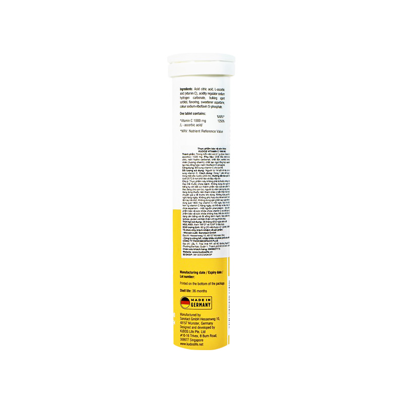 Viên sủi Kudos Vitamin C 1000mg hương chanh hỗ trợ tăng cường hệ thống miễn dịch (tuýp 20 viên)