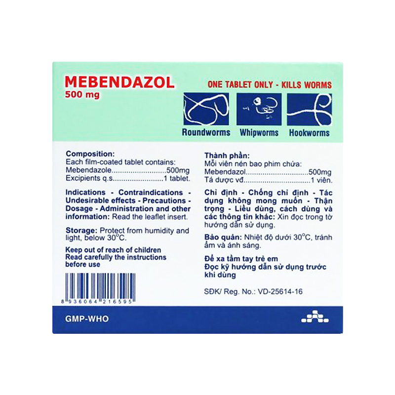 Viên nén Mebendazol Agimexpharm 500mg điều trị nhiễm giun (hộp 1 vỉ x 1 viên)