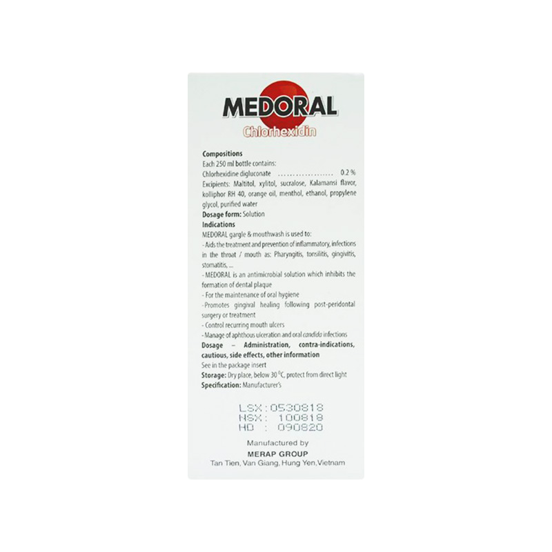 Dung dịch súc miệng Medoral điều trị và ngăn ngừa viêm họng, sát khuẩn răng miệng (chai 250ml))