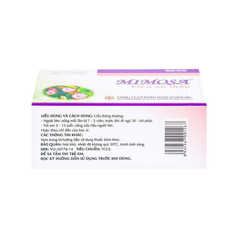 Viên an thần Mimosa dùng cho trường hợp mất ngủ, suy nhược thần kinh (hộp 5 vỉ x 10 viên)