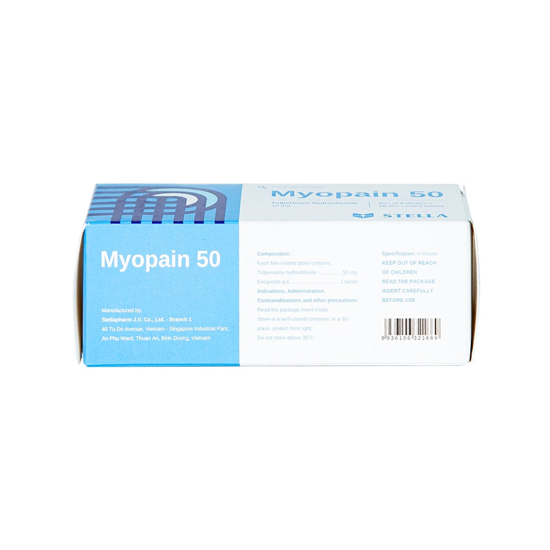 Thuốc Myopain 50 Stella điều trị triệu chứng co cứng cơ sau đột quỵ (hộp 5 vỉ x 10 viên)
