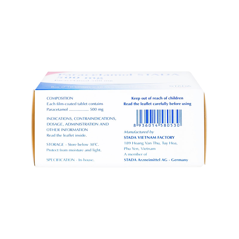 Viên nén Paracetamol Stada 500mg giảm đau, hạ sốt (hộp 10 vỉ x 10 viên)