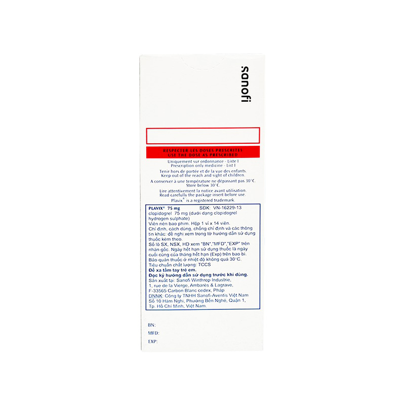 Thuốc Plavix 75mg phòng và điều trị huyết khối (hộp 1 vỉ x 14 viên)