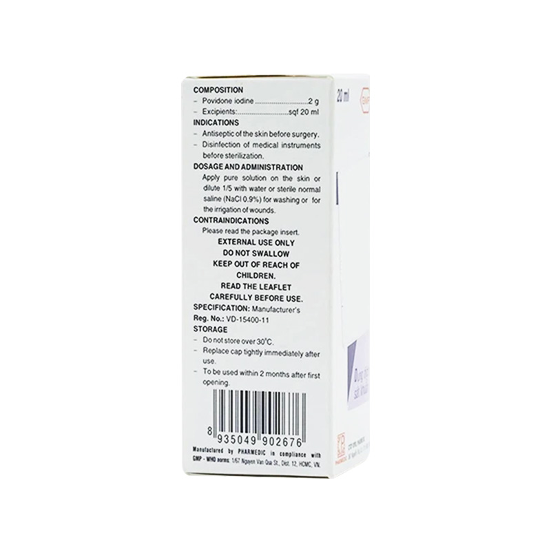 Dung dịch sát khuẩn Povidine 10% Pharmedic ngăn ngừa nhiễm khuẩn vết thương (hộp 1 chai x 20ml)