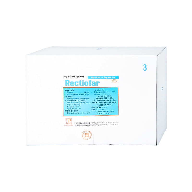 Thuốc bơm trực tràng Rectiofar điều trị táo bón (hộp 50 ống x 3ml)