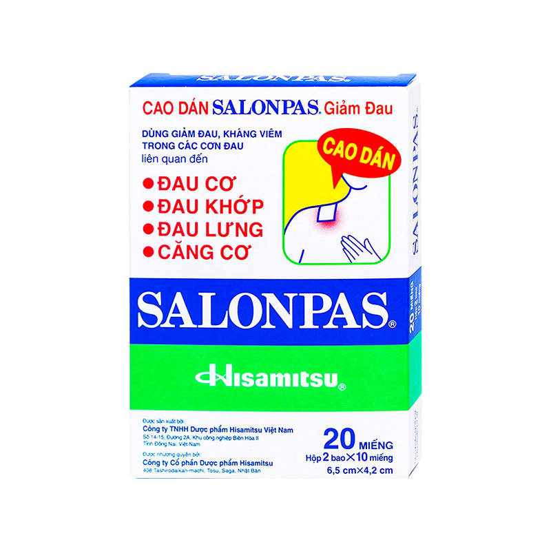 Cao dán Salonpas giảm đau vai, đau lưng, đau cơ (hộp 2 bao x 10 miếng)