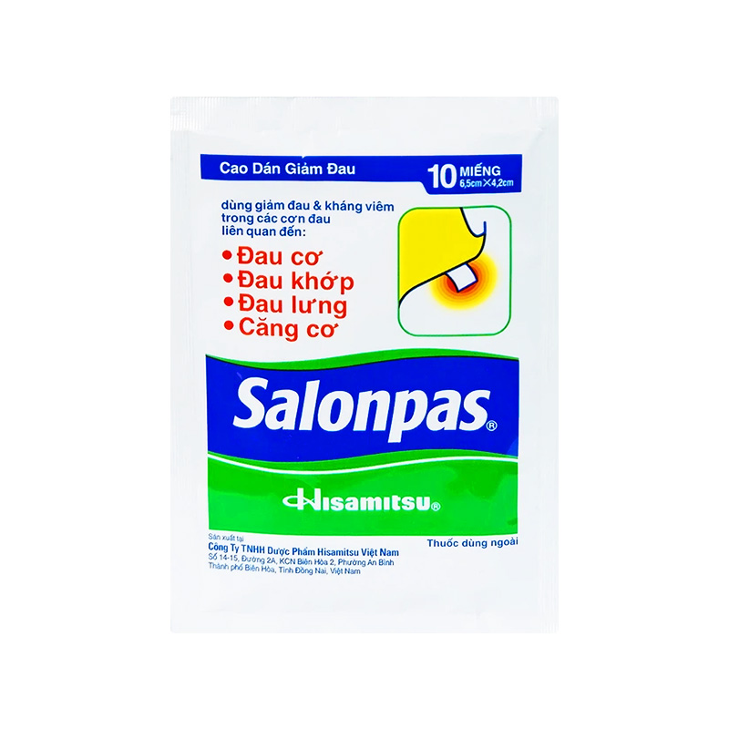 Cao dán Salonpas giảm đau vai, đau lưng, đau cơ (bao 1 gói x 10 miếng)