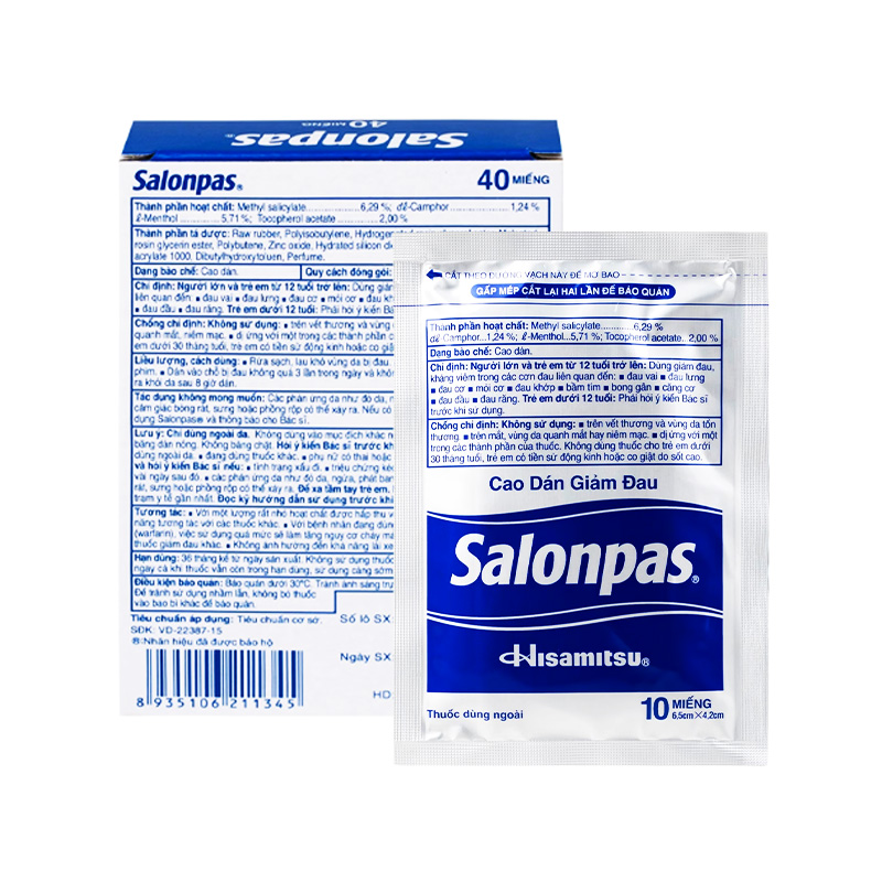 Cao dán Salonpas giảm đau vai, đau lưng, đau cơ (hộp 4 bao x 10 miếng)