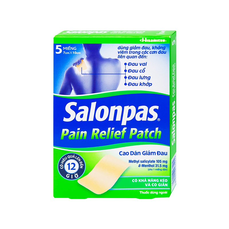 Cao dán giảm đau Salonpas Pain Relief Patch giả đau vai, đau cổ (hộp 5 miếng-7cm x 10 cm)