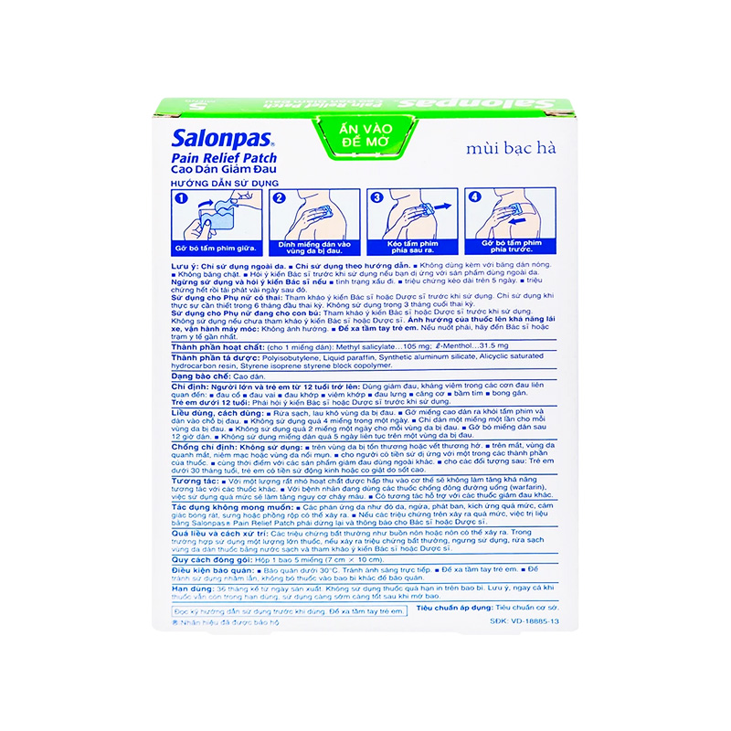 Cao dán giảm đau Salonpas Pain Relief Patch giả đau vai, đau cổ (hộp 5 miếng-7cm x 10 cm)
