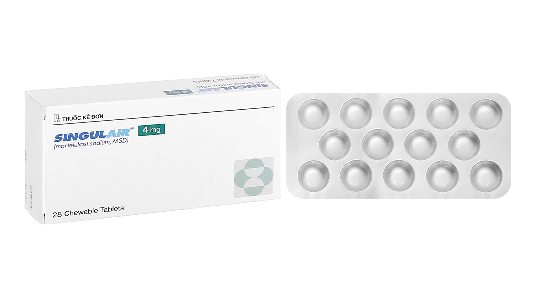 Thuốc Singulair 4mg dự phòng và điều trị hen phế quản mạn tính (hộp 2 vỉ x 14 viên)