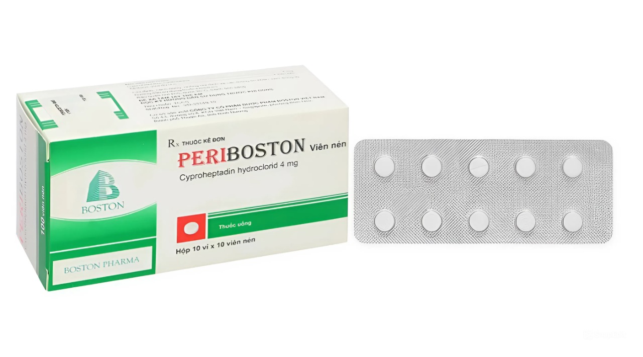 Thuốc Periboston 4mg điều trị dị ứng và ngứa, đau nửa đầu và đau đầu (hộp 10 vỉ x 10 viên)