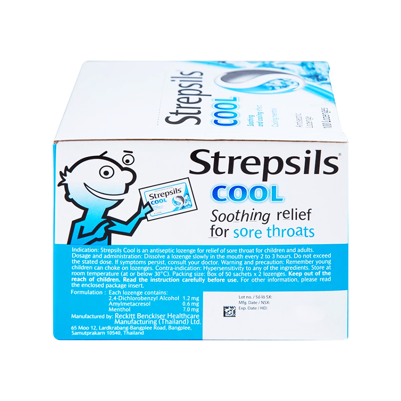Viên ngậm Strepsils Cool kháng khuẩn, giảm đau họng (hộp 50 gói x 2 viên)