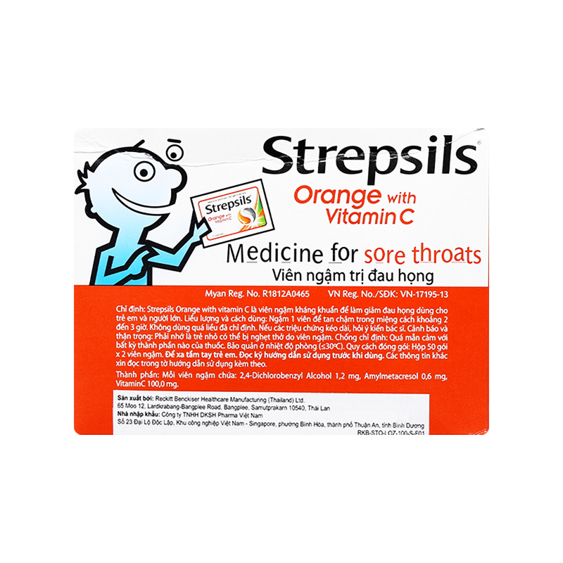 Viên ngậm Strepsils Orange with Vitamin C điều trị đau họng (hộp 50 gói x 2 viên)