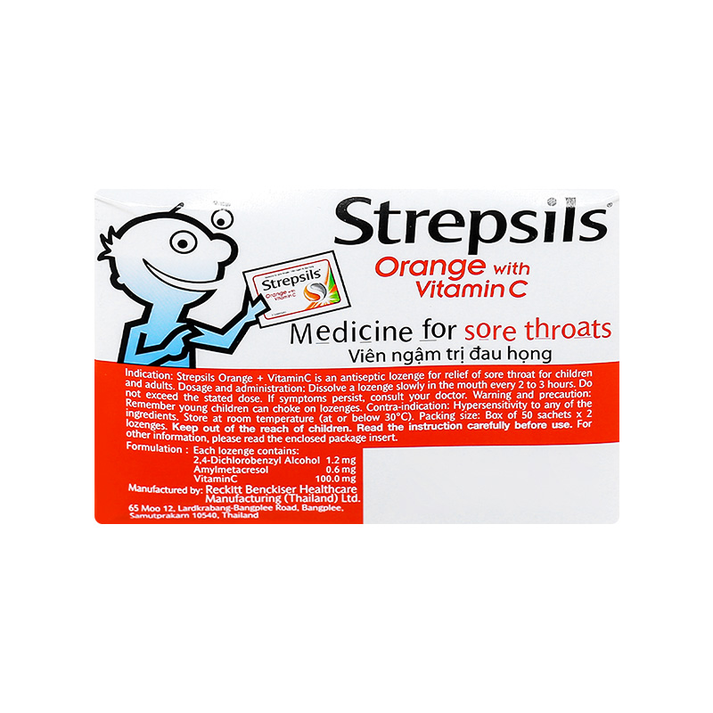 Viên ngậm Strepsils Orange with Vitamin C điều trị đau họng (hộp 50 gói x 2 viên)