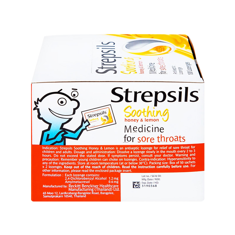 Viên ngậm Strepsils Soothing mật ong & chanh kháng khuẩn, giảm đau họng (hộp 50 gói x 2 viên)