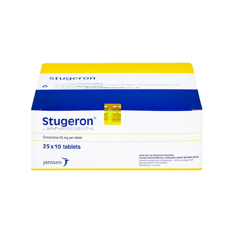 Thuốc Stugeron điều trị rối loạn tuần hoàn não, say tàu xe (hộp 25 vỉ x 10 viên)