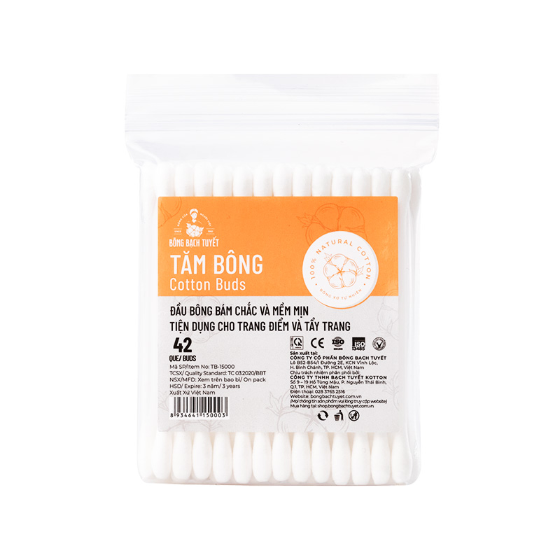 Tăm bông thân nhựa Bông Bạch Tuyết túi zip (gói 42 que)