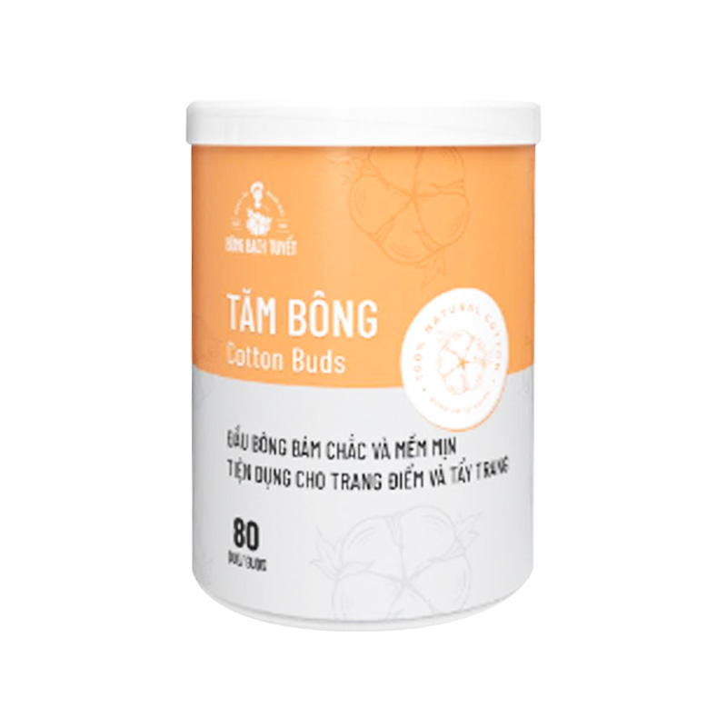 Tăm bông thân nhựa Bông Bạch Tuyết hộp tròn (hộp 80 que)