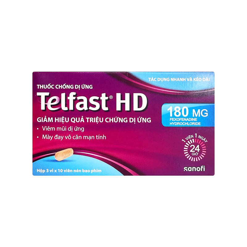 Thuốc Telfast HD 180mg giảm triệu chứng viêm mũi dị ứng, mày đay vô căn mạn tính (hộp 3 vỉ x 10 viên)