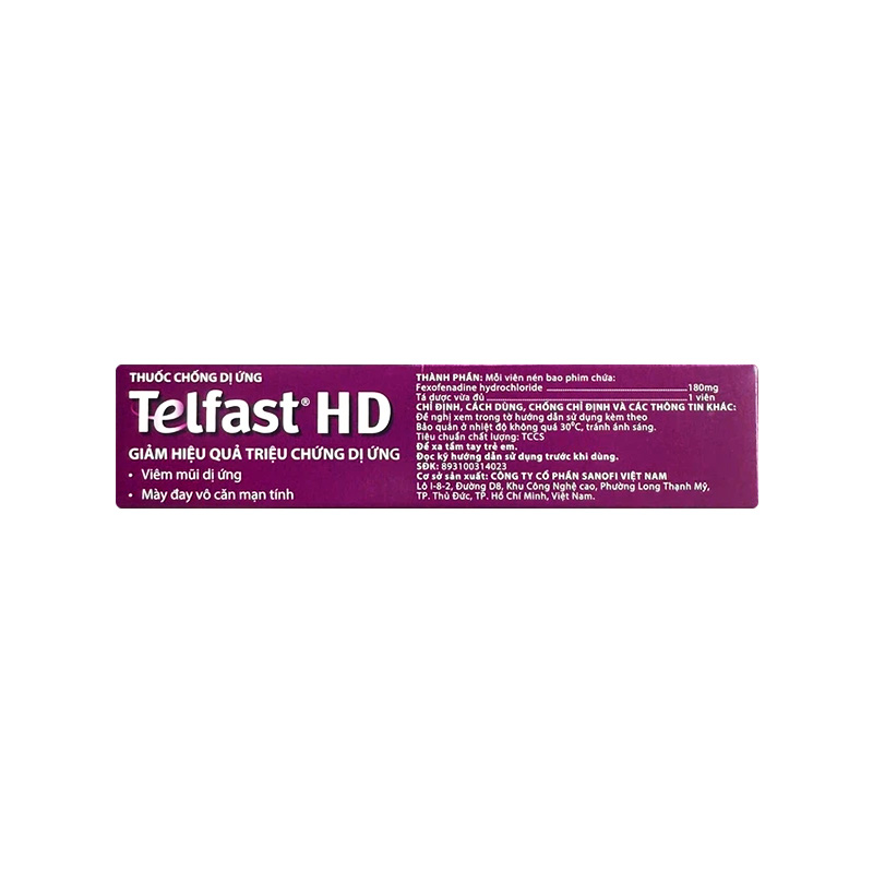 Thuốc Telfast HD 180mg giảm triệu chứng viêm mũi dị ứng, mày đay vô căn mạn tính (hộp 3 vỉ x 10 viên)