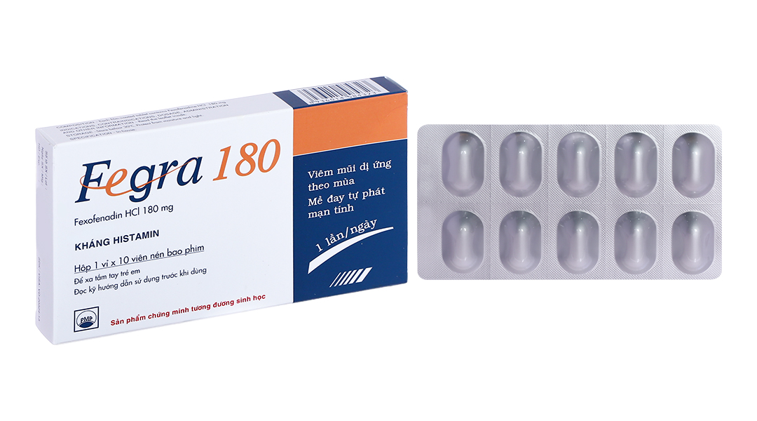 Thuốc Fegra 180mg điều trị viêm mũi dị ứng, mề đay (hộp 1 vỉ x 10 viên)