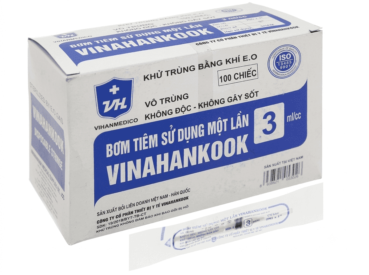 Bơm kim tiêm sử dụng một lần Vinahankook 3ml/cc (hộp 100 cái)