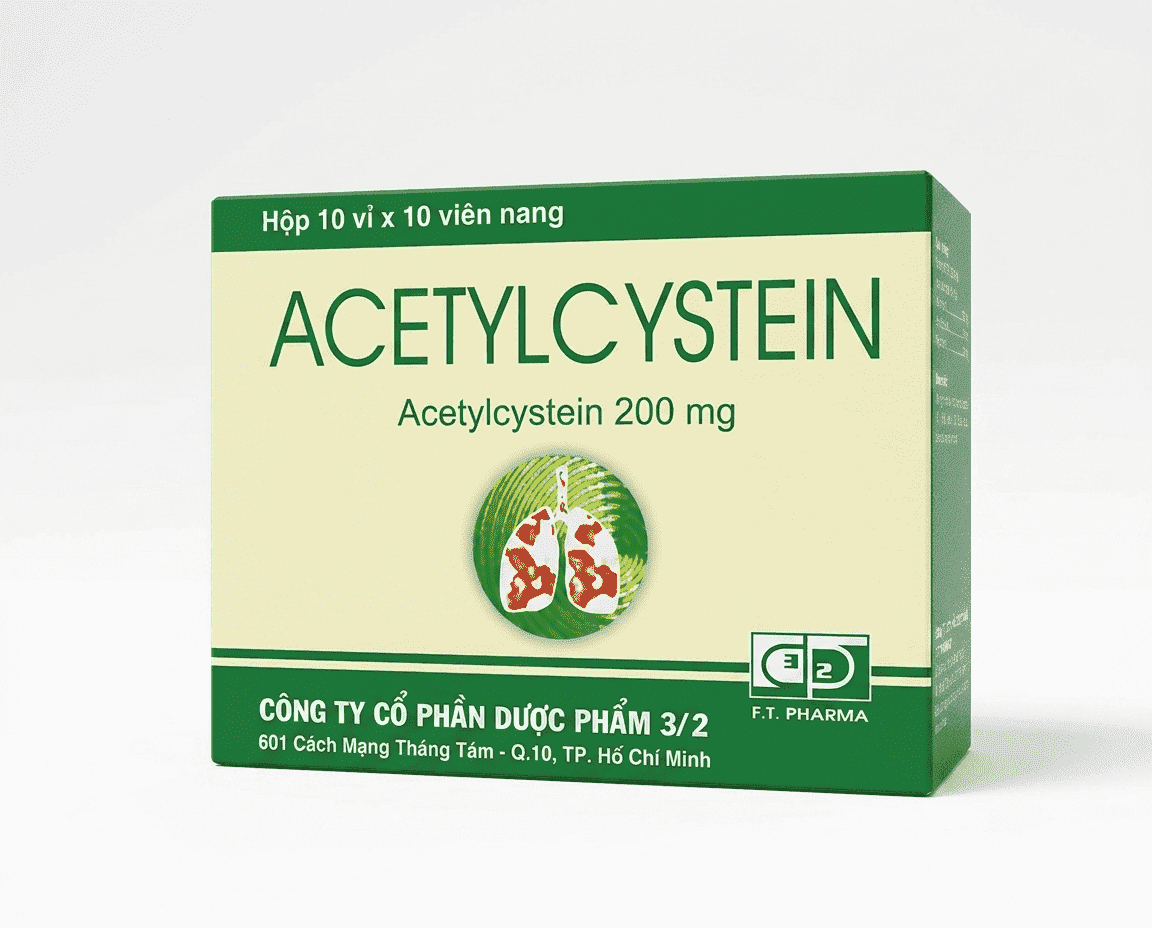 Thuốc Acetylcystein 200mg FT Pharma tiêu nhầy trong bệnh lý hô hấp (hộp 10 vỉ x 10 viên)