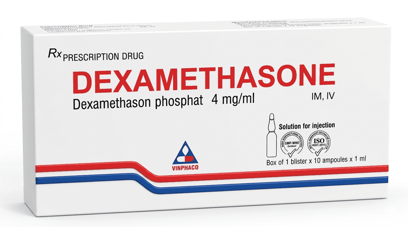 Dung dịch tiêm Dexamethasone 4mg/1ml Vinphaco điều trị trạng thái hen, bệnh dị ứng nặng (hộp 10 lọ x 1ml)