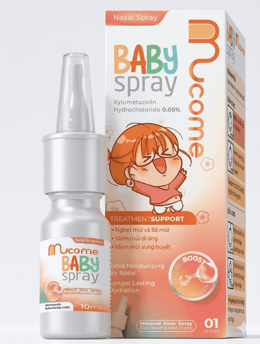 Thuốc xịt mũi Mucome Baby Spray 0.05% điều trị triệu chứng nghẹt mũi, viêm mũi (hộp 1 chai x 10ml)