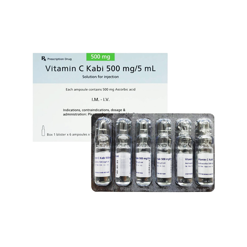 Thuốc tiêm Vitamin C Kabi 500mg/5ml điều trị thiếu vitamin C (hộp 1 vỉ x 6 ống )