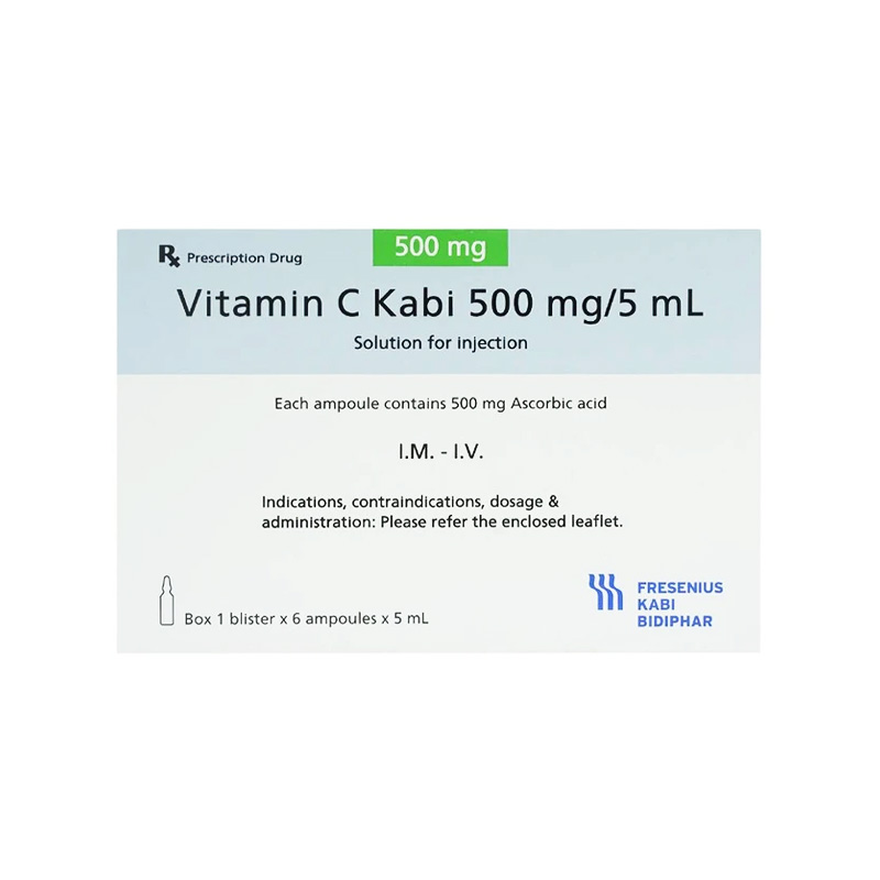 Thuốc tiêm Vitamin C Kabi 500mg/5ml điều trị thiếu vitamin C (hộp 1 vỉ x 6 ống )
