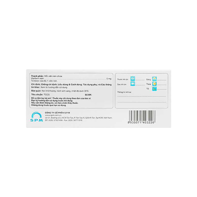 Thuốc Warfarin 5 S.P.M dự phòng và điều trị ngắn hạn huyết khối (hộp 3 vỉ x 10 viên)