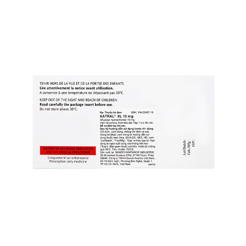 Thuốc Xatral XL 10mg điều trị triệu chứng chức năng của phì đại tuyến tiền liệt (hộp 1 vỉ x 30 viên)