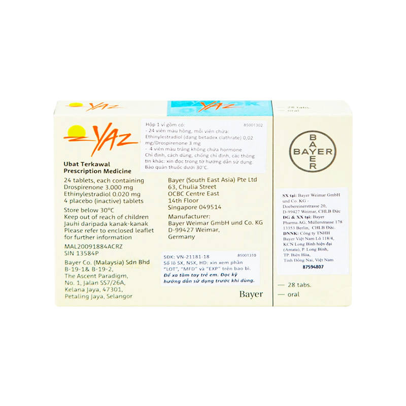 Thuốc Yaz tránh thai hàng ngày, điều trị mụn trứng cá (hộp 1 vỉ x 28 viên)