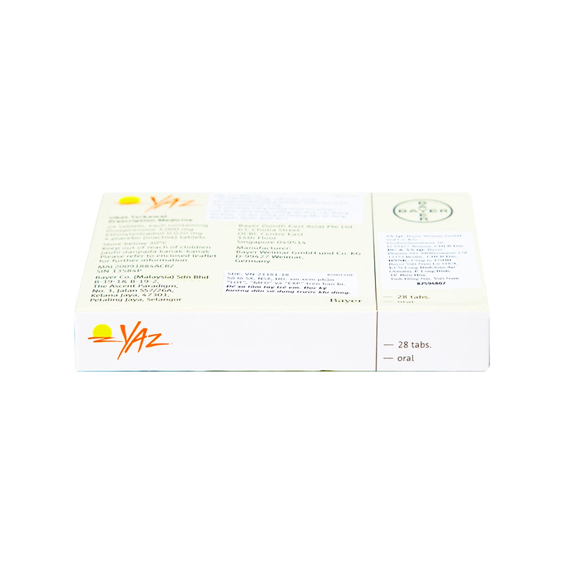 Thuốc Yaz tránh thai hàng ngày, điều trị mụn trứng cá (hộp 1 vỉ x 28 viên)